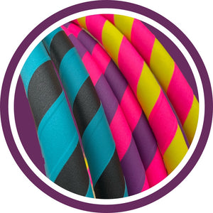 three colours of taped polypro hoops up close