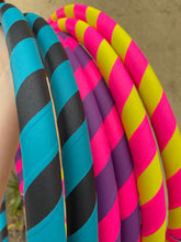 Load image into Gallery viewer, three striped fitness hula hoops double-coiled for postage
