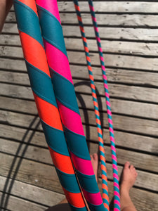 close up of taped hula hoops for adults 