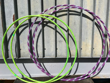 Load image into Gallery viewer, two sets of custom made hula hoops, one lime green hula hoop twins and another in purple and polypro hoop 
